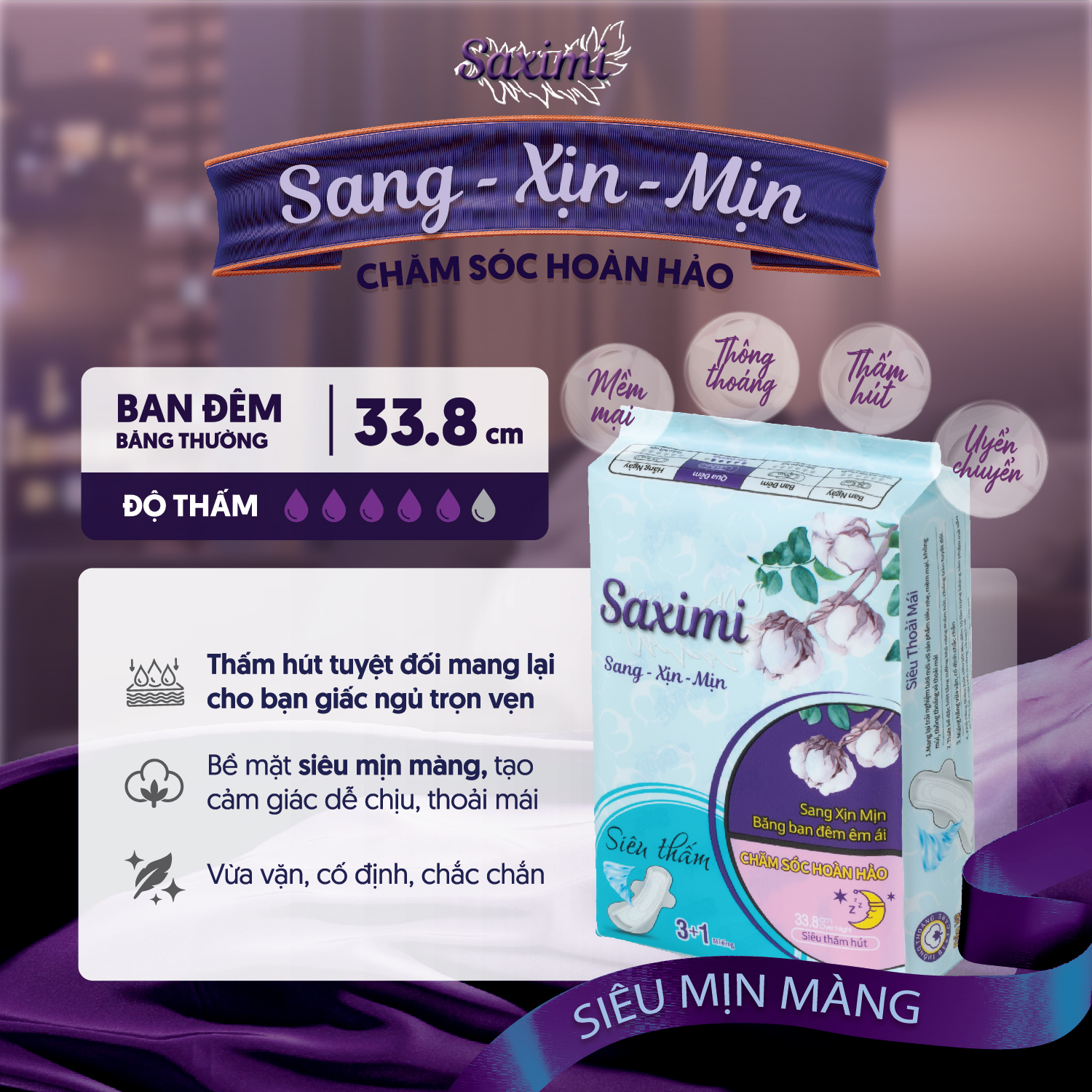 Băng vệ sinh cao cấp Saximi - Dòng Bông qua đêm 33.8 cm 