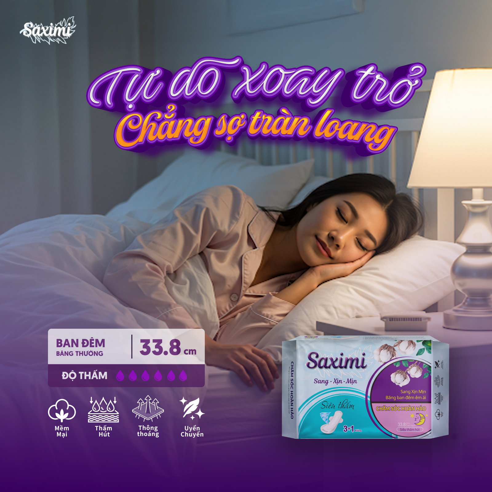 Băng vệ sinh cao cấp Saximi - Dòng Bông qua đêm 33.8cm
