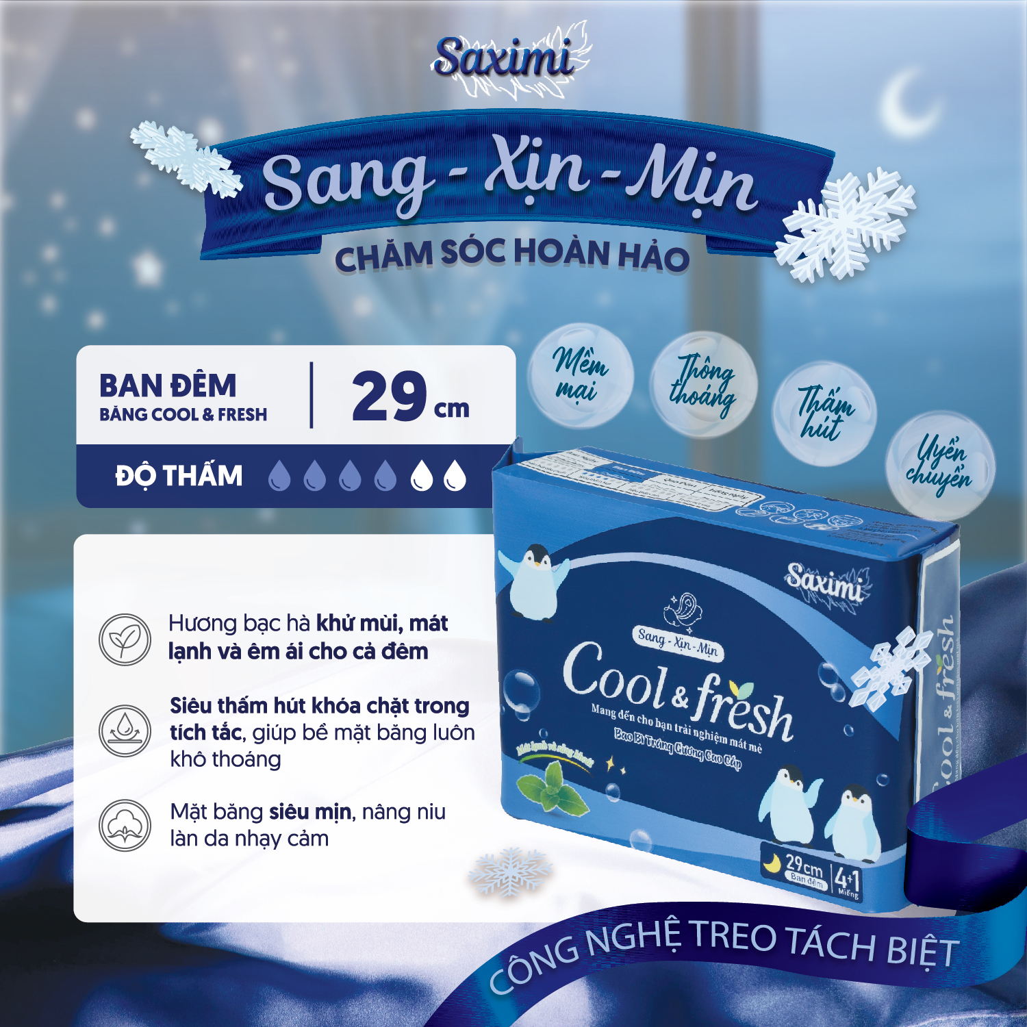 Băng vệ sinh Saximi - Dòng Cool Fresh ban đêm 29cm