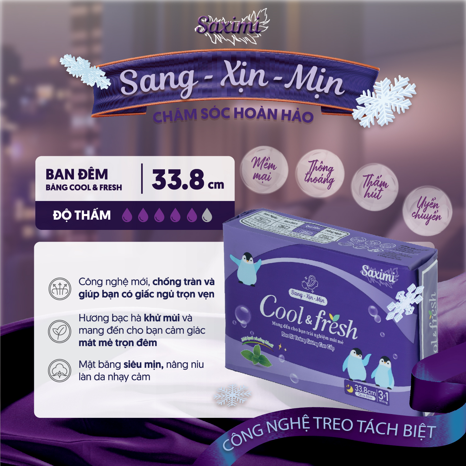Băng vệ sinh cao cấp Saximi - Dòng Cool Fresh qua đêm 33.8 cm