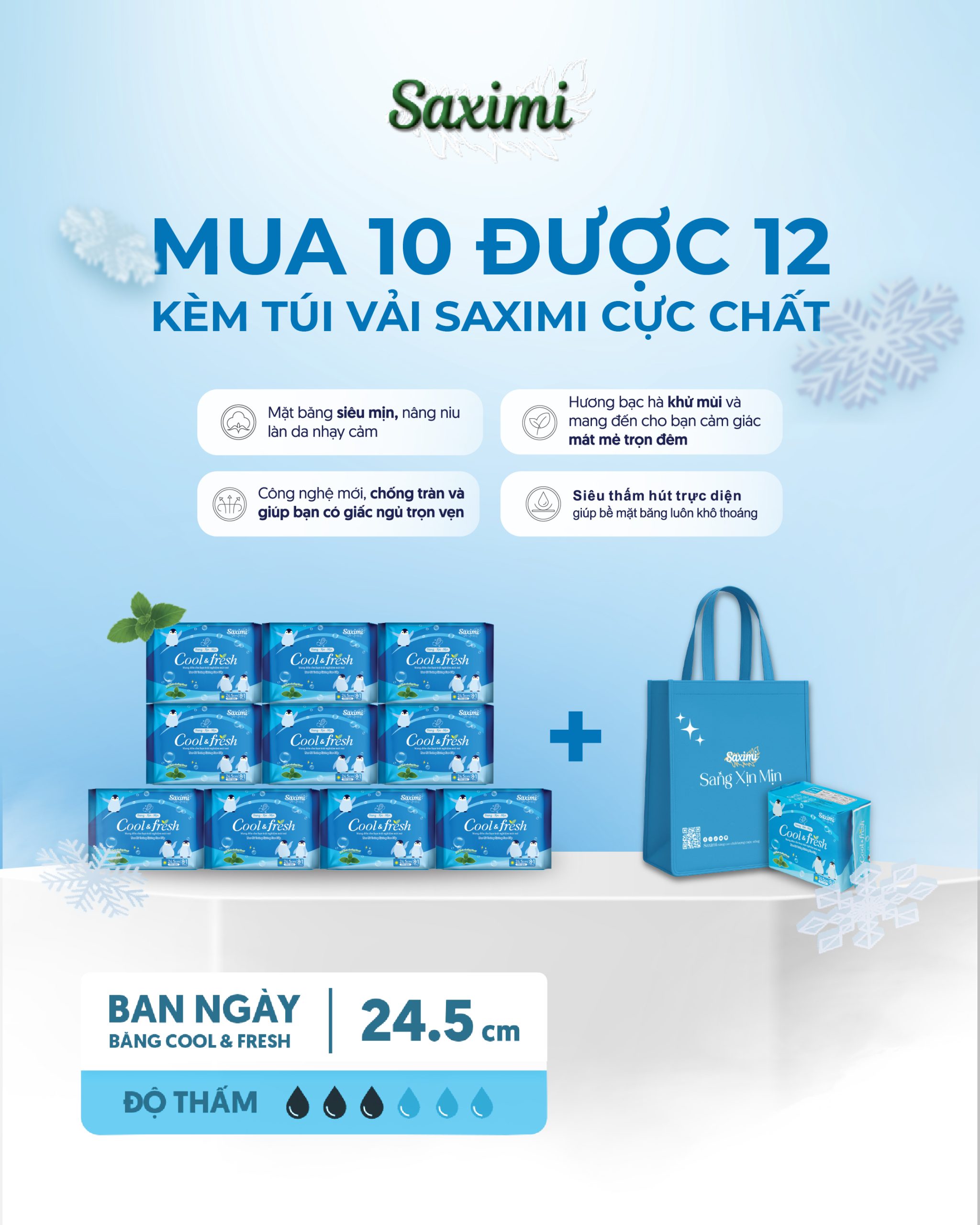Combo 10 gói băng vệ sinh cao cấp Saximi Cool Fresh 24.5cm
